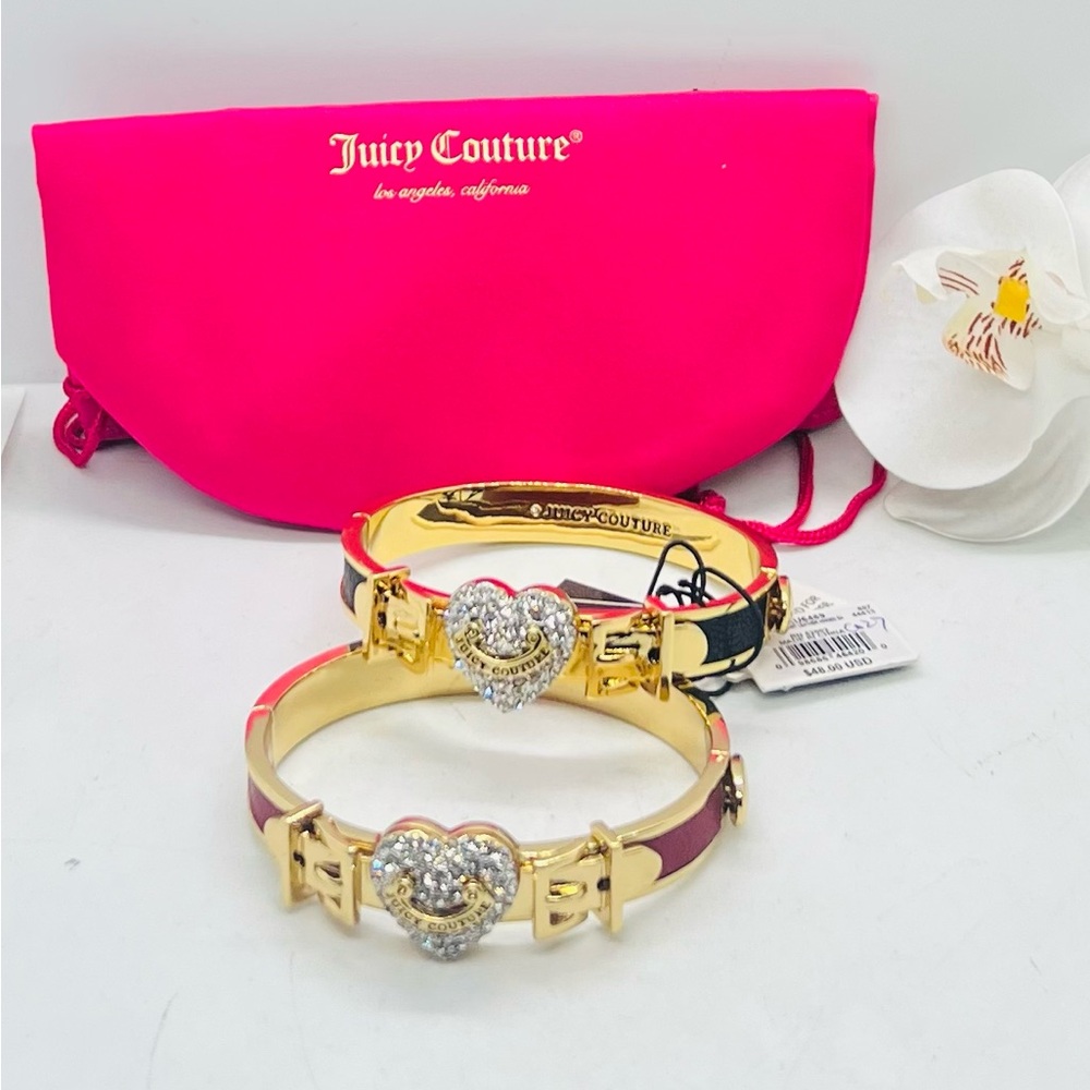 NWT, Juicy Couture Gold-Plated Pink Heart Crystal Bracelet Set of 2